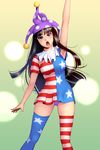  american_flag_dress american_flag_legwear arm_up armpits black_eyes black_hair breasts clownpiece clownpiece_(cosplay) commentary_request cosplay dress hat highres hime_cut houraisan_kaguya jester_cap long_hair medium_breasts microdress neck_ruff panties pantyshot pantyshot_(standing) polka_dot purple_panties short_sleeves sidelocks standing thighhighs touhou tripleeight underwear very_long_hair 