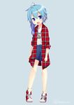  :d blue_eyes blue_hair blush fang full_body kantai_collection minazuki_(kantai_collection) nagasioo open_mouth plaid plaid_shirt shirt shoes short_hair_with_long_locks shorts smile sneakers solo standing twitter_username 