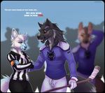  anthro canine clothed clothing compass_(artist) english_text female group hockey_stick male mammal scar smile standing text 
