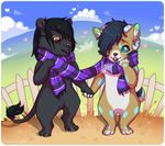  ambiguous_gender anthro canine chibi compass_(artist) duo feline fur hair horn lion mammal scarf smile standing 