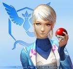  2016 bangs blanche_(pokemon) blue_jacket dated emblem eyelashes eyeliner facebook_username fingernails green_eyes hand_up highres holding holding_poke_ball jacket lips lipstick long_hair long_sleeves looking_to_the_side low_ponytail makeup nose nutthapon_petchthai open_clothes open_jacket poke_ball poke_ball_(generic) pokemon pokemon_go ponytail sidelocks signature silver_hair sleeves_past_wrists smile solo swept_bangs team_mystic turtleneck undershirt upper_body watermark 