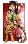  anthro chest_tuft clothed clothing compass_(artist) feline female fur hair mammal plushie sitting smile solo tiger tuft 