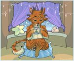  anthro compass_(artist) feline fur horn inside male mammal nude pillow sitting smile snow solo 