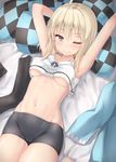  ahoge armpits arms_up bare_arms bare_shoulders bed_sheet bike_shorts blonde_hair blush breasts camisole checkered checkered_pillow clothes_removed commentary crop_top crop_top_overhang fate_(series) groin hair_between_eyes hand_behind_head haori highres japanese_clothes koha-ace looking_at_viewer lying medium_breasts midriff navel no_panties okita_souji_(fate) okita_souji_(fate)_(all) on_back on_bed one_eye_closed pillow reinama solo stomach underboob yellow_eyes 