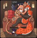  ambiguous_gender anthro compass_(artist) duo eyewear feathered_wings feathers feline glasses hug hybrid inside lion male male/ambiguous mammal nude red_panda sitting slightly_chubby wings 