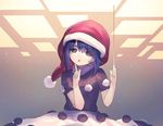  :o ainy77 bad_id bad_pixiv_id blue_eyes blue_hair chestnut_mouth doremy_sweet dress eyebrows finger_to_mouth hat index_finger_raised nightcap open_mouth pom_pom_(clothes) short_sleeves shushing solo touhou turtleneck upper_body 