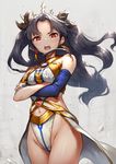  angry armlet bare_shoulders black_hair breasts crossed_arms crown earrings fate/grand_order fate_(series) hoop_earrings ishtar_(fate/grand_order) jewelry long_hair looking_at_viewer medium_breasts navel open_mouth pyz_(cath_x_tech) red_eyes ribbon solo two_side_up 