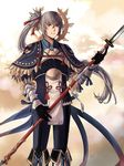  armor fire_emblem fire_emblem_if holding holding_weapon japanese_clothes looking_at_viewer male_focus mayvin naginata polearm ponytail silver_hair smile solo takumi_(fire_emblem_if) weapon 