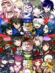  6+girls :t ? ahoge akamatsu_kaede amami_rantarou android bad_id bad_pixiv_id bandages bangs barbed_wire baseball_cap beamed_eighth_notes bear beard bell bell_choker black_hair blazer blonde_hair blue_eyes blunt_bangs blush blush_stickers book brown_hair chabashira_tenko checkered checkered_scarf choker cigarette cigarette_box clenched_teeth close-up covered_mouth crossed_arms danganronpa dark_skin dated dress drum drumsticks eighth_note facial_hair flower gakuran ganguro glasses goggles goggles_on_head gokuhara_gonta green_background green_eyes green_hair grey_eyes hair_between_eyes hair_ornament hairclip harukawa_maki hat hoshi_ryouma index_finger_raised instrument iruma_miu jacket jacket_on_shoulders jewelry keebo kiseru leather leather_jacket long_hair looking_at_viewer looking_down mask momota_kaito monodam monofunny monokid monosuke moon multiple_boys multiple_girls musical_note musical_note_hair_ornament necklace necktie new_danganronpa_v3 night one_eye_closed open_mouth ouma_kokichi pacifier pants party_hat pinafore_dress pink_hair pipe power_armor purple_eyes purple_hair purple_neckwear red_eyes red_hair red_scrunchie ringed_eyes robot rokuichi_(bluelamp61) rose round_eyewear saihara_shuuichi scarf school_uniform scrunchie semi-rimless_eyewear serafuku shinguuji_korekiyo shirogane_tsumugi shirt short_hair sidelocks signature silver_hair simple_background sixteenth_note skirt smile speech_bubble spiked_hair spoken_question_mark star statue straitjacket striped striped_pants striped_shirt sunburst sunflower sweat sweatdrop sweater sweater_vest teeth thorns toujou_kirumi twintails v-shaped_eyebrows white_background white_hair witch_hat yellow_eyes yellow_jacket yonaga_angie yumeno_himiko 