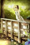  ahoge alternate_costume artoria_pendragon_(all) bad_id bad_pixiv_id bridge bug butterfly fate/stay_night fate_(series) flower forest highres insect leaning_forward magicians_(zhkahogigzkh) nature railing saber saber_lily sandals solo tiptoes water 
