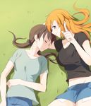  blue_eyes brown_hair charlotte_e_yeager closed_eyes gertrud_barkhorn grass hair_ribbon highres kisetsu long_hair looking_at_viewer lying midriff multiple_girls orange_hair ribbon shorts sleeping sleeping_on_person strike_witches twintails world_witches_series yuri 