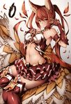  animal_ears armpits bangs bare_shoulders blush breasts cerberus_(shingeki_no_bahamut) closed_mouth collar_removed commentary_request dog_ears from_side gauntlets granblue_fantasy groin inaba_sunimi layered_skirt long_hair looking_at_viewer looking_to_the_side medium_breasts midriff miniskirt navel over-kneehighs red_eyes red_hair red_legwear red_skirt shingeki_no_bahamut sitting skirt smile solo stomach thighhighs twintails very_long_hair 