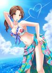  7nanappe bikini blush breasts brown_eyes brown_hair cleavage cloud cloudy_sky day heart highres idolmaster idolmaster_cinderella_girls kawashima_mizuki large_breasts long_hair looking_at_viewer mouth_hold ocean ponytail sarong sky smile solo swimsuit 