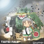  airplane_wing akitsushima_(kantai_collection) capriccyo chibi glowing glowing_eyes hands_on_hips jacket kantai_collection mecha miniskirt nishikitaitei-chan parody pleated_skirt side_ponytail silver_eyes silver_hair skirt smile titanfall turbine twitter_username 