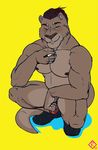  2017 5_fingers anthro biceps biped brown_belly brown_fur brown_nipples brown_nose brown_tail bulge cheek_tuft cigarette clothed clothing crouching digital_media_(artwork) dotted_background eyebrows feline footwear front_view full-length_portrait fur hi_res humanoid_hands hybrid inner_ear_fluff lion male mammal musclegut muscular muscular_male mustelid nipples one_eye_closed otter pattern_background pecs portrait quads red_bottomwear red_clothing red_underwear rei_(repzzmonster) repzzmonster shoes signature simple_background smile smoking solo topless tuft underwear yellow_background 