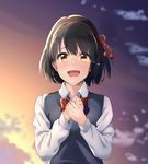  black_hair blush brown_eyes cloud commentary_request hair_ribbon highres kimi_no_na_wa long_sleeves looking_at_viewer miyamizu_mitsuha open_mouth ribbon school_uniform short_hair sky smile solo spicy_moo sweater_vest tears twilight upper_body 