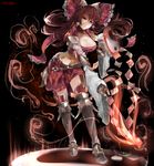  :&lt; alternate_costume artist_name blizzomos bow breasts brown_eyes brown_hair cleavage cleavage_cutout closed_mouth commentary floating_hair full_body gohei greaves hair_bow hair_tubes hakurei_reimu highres large_breasts leaning_forward long_hair long_sleeves looking_back miniskirt ofuda red_bow red_skirt shoulder_pads sidelocks skirt solo standing thighhighs touhou wide_sleeves yin_yang zettai_ryouiki 