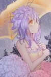  bad_id bad_pixiv_id blue_hair breasts cleavage collarbone dress fairy_tail flower from_side highres holding holding_umbrella levy_mcgarden lium long_hair looking_up orange_eyes outdoors rain signature sleeveless sleeveless_dress small_breasts solo spiked_hair standing sundress tree umbrella upper_body yellow_dress yellow_umbrella 