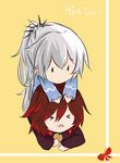  chibi commentary_request highres long_hair multiple_girls red_hair ruby_rose rwby scar scar_across_eye short_hair simple_background weiss_schnee white_hair yellow_background 