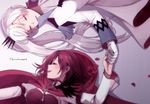  cloak commentary_request holding_hands hood hooded_cloak kuma_(bloodycolor) long_hair multiple_girls petals red_hair rose_petals ruby_rose rwby scar scar_across_eye short_hair weiss_schnee white_hair 