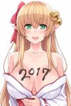  2017 :d bangs bare_shoulders bell blonde_hair blush body_writing bow breasts character_request collarbone commentary_request eyebrows_visible_through_hair green_eyes hair_bell hair_bow hair_ornament hasu_(hk_works) japanese_clothes jingle_bell large_breasts long_hair long_sleeves meikyuu_tansaku_dragon_princess off_shoulder open_mouth pointy_ears red_bow ribbon-trimmed_sleeves ribbon_trim smile solo teeth wide_sleeves 