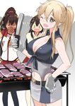  3girls akagi_(kantai_collection) alternate_hairstyle barbecue belt black_legwear blonde_hair blue_eyes blush_stickers breasts brown_hair cleavage commentary_request covering_mouth food front-tie_top garter_straps gloves grill hip_vent iowa_(kantai_collection) kaga_(kantai_collection) kantai_collection large_breasts long_hair masukuza_j miniskirt multiple_girls no_headgear open_mouth ponytail red_skirt skirt sparkle star star-shaped_pupils steak symbol-shaped_pupils tongs white_legwear yamato_(kantai_collection) 