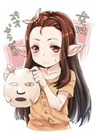  3: alternate_hairstyle arulumaya blush brown_hair character_age clothes_writing commentary_request forehead granblue_fantasy harvin holding holding_mask jpeg_artifacts long_hair mask mole mole_under_eye mushi024 pointy_ears shirt solo sweatdrop t-shirt 