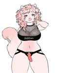  0phanim anthro belly big_breasts breasts cat clothing dildo domination feline female female_domination fishnet fur hair hi_res huge_breasts looking_at_viewer mammal sex_toy simple_background smile solo strapon thick_thighs wide_hips 