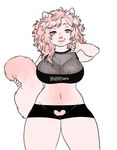  0phanim anthro belly big_breasts breasts cat clothing feline female fishnet fur hair hi_res huge_breasts looking_at_viewer mammal simple_background smile solo thick_thighs wide_hips 
