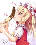  ascot blonde_hair chocolate_banana flandre_scarlet haryuu_(poetto) hat hat_ribbon highres licking long_hair mob_cap profile puffy_short_sleeves puffy_sleeves red_eyes red_ribbon ribbon sexually_suggestive short_sleeves simple_background solo_focus touhou upper_body very_long_hair 
