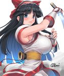  ainu_clothes artist_name black_hair blue_eyes blush bow breasts fingerless_gloves gloves hair_bow hairband huge_breasts long_hair looking_at_viewer looking_to_the_side nakoruru obui red_bow samurai_spirits solo weapon 