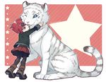  animal blazer boots danganronpa diagonal_stripes hair_ornament hairclip honzumaru hug jacket new_danganronpa_v3 one_eye_closed outside_border pleated_skirt red_background school_uniform short_hair simple_background size_difference skirt smile star striped tiger twitter_username yumeno_himiko 