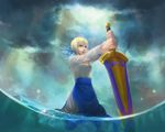 absurdres ahoge artoria_pendragon_(all) avalon_(fate/stay_night) blonde_hair cloud cloudy_sky dan_vanilin excalibur fate_(series) green_eyes highres light_rays saber serious sky solo wading water 