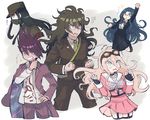  3boys arm_up armband beard black_hair blazer blonde_hair blue_eyes blue_hair brown_hair danganronpa eyebrows_visible_through_hair facial_hair gakuran glasses goggles goggles_on_head gokuhara_gonta green_neckwear grin hair_between_eyes hat highres honzumaru insect_cage iruma_miu jacket jacket_on_shoulders long_hair mask momota_kaito multiple_boys multiple_girls necktie new_danganronpa_v3 orange_eyes orange_ribbon peaked_cap pointing pointing_at_self purple_hair ribbon school_uniform serafuku shinguuji_korekiyo shirogane_tsumugi short_hair smile space_print spiked_hair starry_sky_print twitter_username 