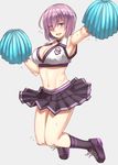  alternate_costume arm_up armpits black_legwear blush breasts cheering cheerleader choker cleavage eyebrows_visible_through_hair fate/grand_order fate_(series) gloves hair_over_one_eye highres jumping kneehighs large_breasts looking_at_viewer mash_kyrielight michihasu midriff navel open_mouth pleated_skirt pom_poms purple_eyes purple_gloves shoes short_hair simple_background skirt sneakers solo sweat 