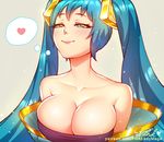  artist_name bangs blue_eyes blue_hair breasts bursting_breasts cleavage collarbone commentary deviantart_sample dress hair_ornament half-closed_eyes heart image_sample large_breasts league_of_legends light_smile lips lipstick long_hair long_neck low_neckline makeup off_shoulder patreon_username pink_lady_mage shiny shiny_hair signature simple_background smile solo sona_buvelle sparkle strapless strapless_dress thought_bubble twintails upper_body watermark web_address white_background 