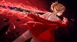  blonde_hair clarent fate/apocrypha fate/grand_order fate_(series) from_behind green_eyes highres lightning_bolt mordred_(fate) mordred_(fate)_(all) mukade_(siieregannsu) off_shoulder partially_undressed shoulder_blades solo sword thighs weapon 