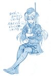  2017 akeome artist_name bbb_(friskuser) blue bowl chopsticks comic crossed_legs dated eating food garrison_cap gloves happy_new_year hat headgear highres holding holding_chopsticks kantai_collection kotoyoro long_hair mochi monochrome new_year no_shoes noodles open_mouth pantyhose revision sidelocks signature simple_background skirt smile solo steam u-511_(kantai_collection) wetsuit white_background zouni_soup 