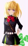  belt black_skirt blonde_hair bow bowtie cowboy_shot hand_on_hip long_hair looking_away military military_uniform owari_no_seraph purple_eyes red_bow sanguu_mitsuba skirt solo standing tsukimori_usako twintails uniform 