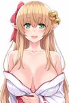  :d bangs bare_shoulders bell blonde_hair blush bow breasts character_request collarbone commentary_request eyebrows_visible_through_hair green_eyes hair_bell hair_bow hair_ornament hasu_(hk_works) japanese_clothes jingle_bell large_breasts long_hair long_sleeves meikyuu_tansaku_dragon_princess off_shoulder open_mouth pointy_ears red_bow ribbon-trimmed_sleeves ribbon_trim smile solo teeth wide_sleeves 