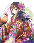  animal bird black_hair brown_eyes chicken chinese_zodiac commentary_request flower hair_flower hair_ornament happy_new_year japanese_clothes kazu_(muchuukai) kimono long_hair new_year original rooster solo year_of_the_rooster 