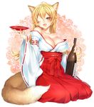  ;d alcohol animal_ears bad_id bad_pixiv_id bare_shoulders blonde_hair bottle breasts cleavage collarbone cup fox_ears fox_tail hakama highres japanese_clothes large_breasts long_hair looking_at_viewer mayoyara off_shoulder one_eye_closed open_mouth original ribbon-trimmed_sleeves ribbon_trim sakazuki sake sake_bottle sitting smile solo tail v-shaped_eyebrows wide_sleeves yellow_eyes 