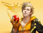  2016 artist_name blonde_hair blue_eyes dated drawcrowd_sample emblem gloves grin highres holding holding_poke_ball hood hoodie image_sample jacket jewelry looking_to_the_side male_focus necklace nutthapon_petchthai orange_gloves pale_skin pectorals poke_ball pokemon pokemon_go realistic simple_background smile smirk solo spark_(pokemon) spiked_hair stitches team_instinct upper_body watermark yellow_background 