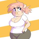  2016 3_fingers angry annoyed anthro big_breasts blue_eyes blush breasts camel_toe cleavage clothed clothing female hair looking_away looking_back mammal pants pattern_background pig pink_hair pink_nose porcine rosey_(sprocket) simple_background slightly_chubby solo sprocket_(artist) standing striped_background white_background white_shirt wide_hips yellow_background 