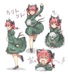  1girl :d ? ^_^ animal_ears bangs black_bow bow braid cat_ears cat_tail closed_eyes commentary crying dress expressions green_dress hair_bow highres juliet_sleeves kaenbyou_rin long_sleeves multiple_tails multiple_views open_mouth ototobe puffy_sleeves red_eyes red_hair saliva skull smile socks tail tears teeth touhou translated twin_braids two_tails white_legwear younger 