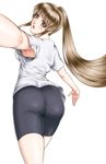  1girl aoba_kazane artist_request ass bike_shorts blush breasts brown_eyes brown_hair from_behind keijo!!!!!!!! large_breasts long_hair looking_at_viewer looking_back matching_hair/eyes open_mouth parted_lips ponytail shiny shiny_clothes shiny_hair shiny_skin shirt sideboob solo very_long_hair 