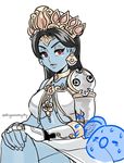  alternate_costume black_hair blue_skin breasts choker crossed_legs cyborg d-ryuu earrings eyeshadow forehead_jewel goddess_symmetra grey_lipstick headdress jewelry large_breasts lips long_hair looking_at_viewer makeup mechanical_arm mudra overwatch sitting symmetra_(overwatch) tiara underboob vitarka_mudra work_in_progress 