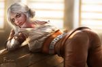  ass bare_shoulders belt bent_over bra brown_pants ciri firolian green_eyes hair_bun highres lips looking_at_viewer looking_back makeup mascara pants pantylines parted_lips runny_makeup short_hair silver_hair solo the_witcher the_witcher_3 underwear 