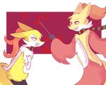  2016 abstract_background alpha_channel ambiguous_gender angry anthro black_fur braixen canine delphox duo fur half-closed_eyes holding_object inner_ear_fluff kitsunekotaro mammal multicolored_fur nintendo open_mouth orange_fur orange_nose pink_eyes pok&eacute;mon scarf simple_background stick transparent_background video_games white_fur yellow_fur 