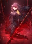  blush bodysuit fate/extra lancer_(fate/extra) long_hair purple_hair red-eyes spear warrior 